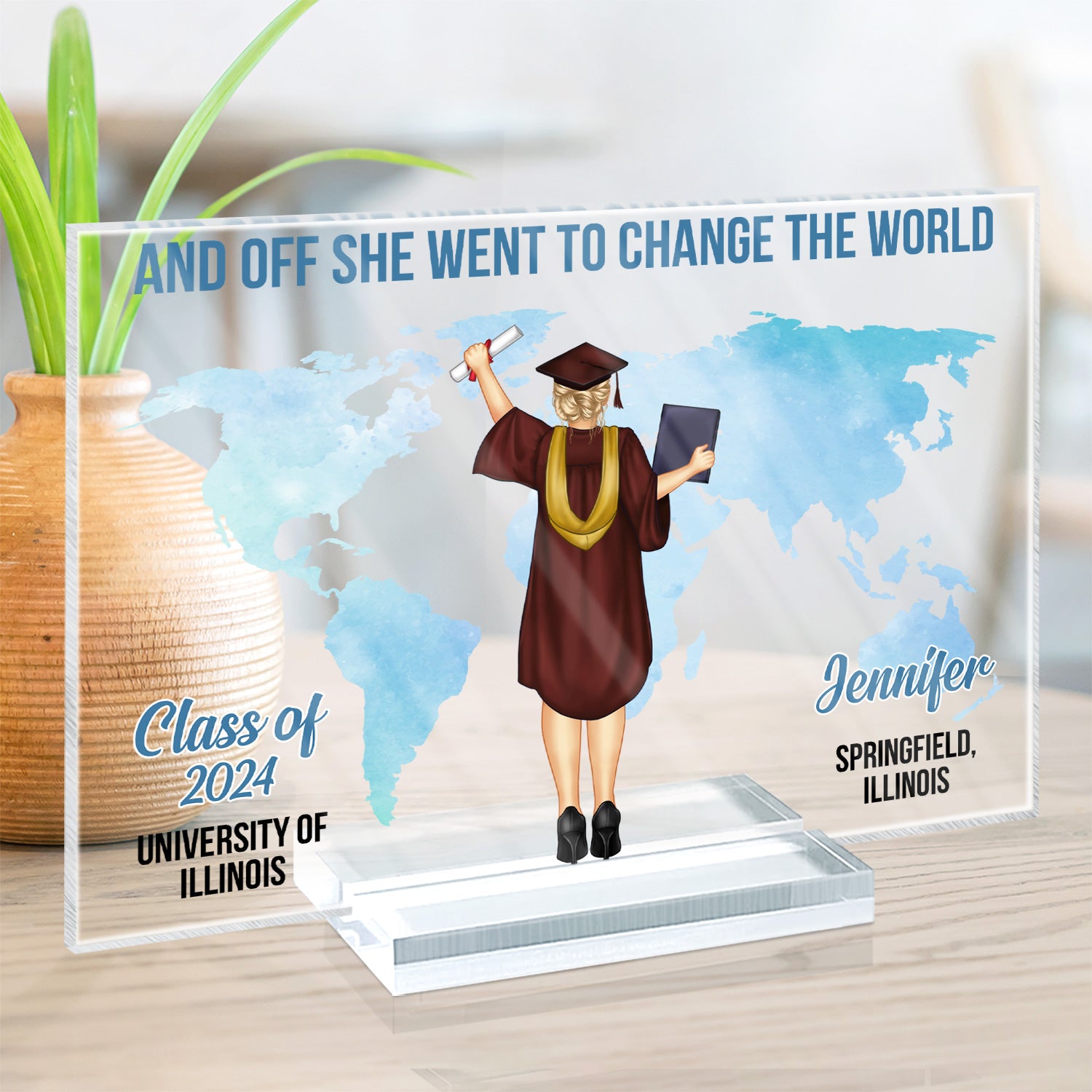 And Off She Went To Change The World - Graduation Gift, Gift For Friends - Personalized Horizontal Rectangle Acylic Plaque