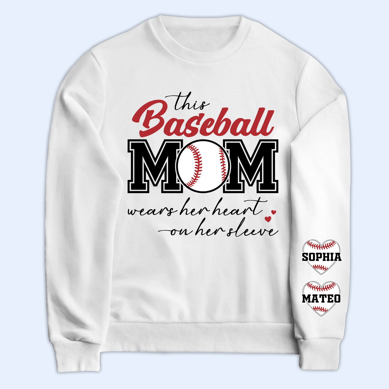 This Baseball Mom Wear Her Heart On Her Sleeve - Gift For Sport Mom, Basketball, Baseball, Softball Mom - Personalized Unisex Sweatshirt With Design On Sleeve