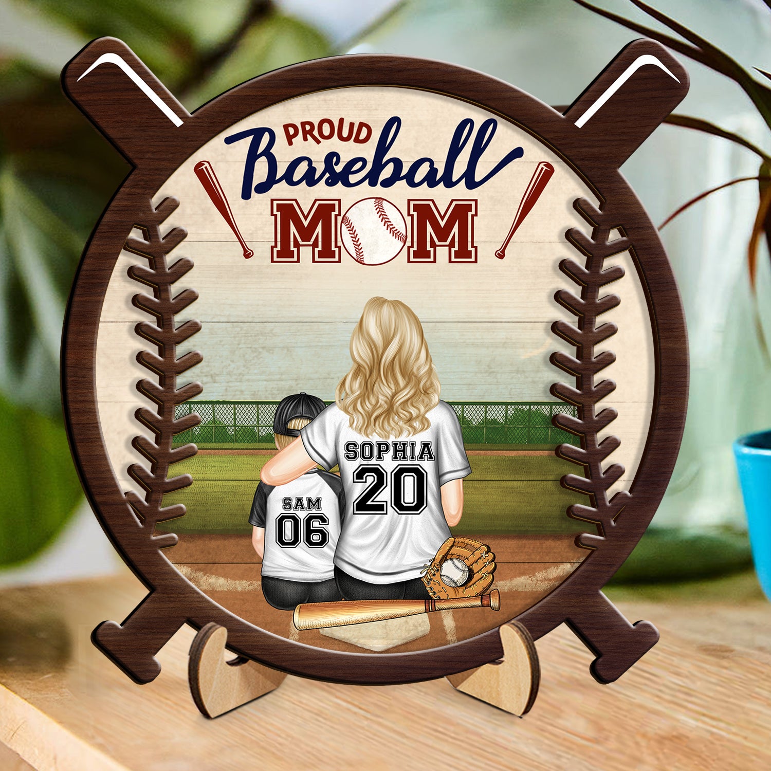 Proud Baseball Mom - Gift For Baseball Mother - Personalized 2-Layered Wooden Plaque With Stand