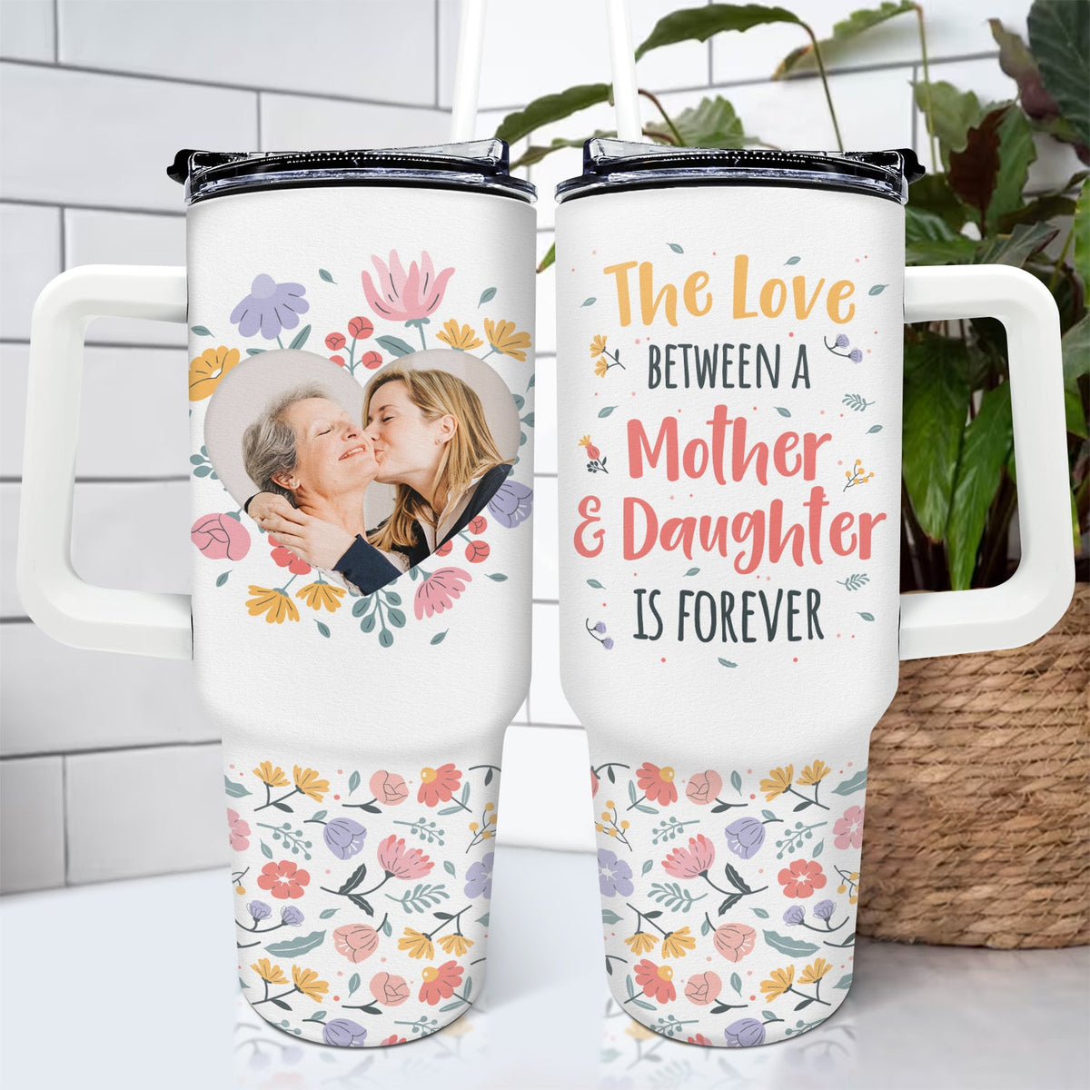 Custom Photo Mother & Daughter Son Forever Linked Together - Loving Gift For Mom, Mama - Personalized 40oz Tumbler With Straw