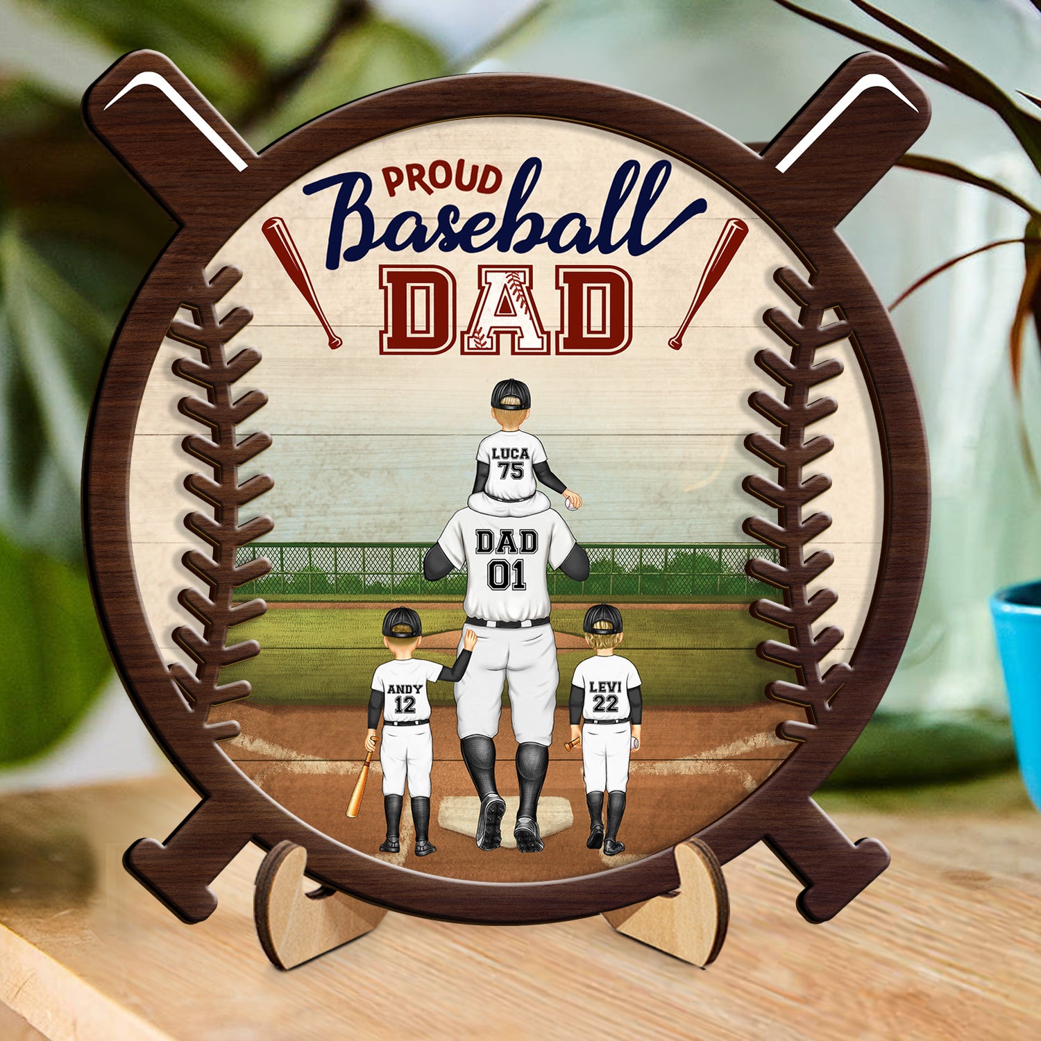 Proud Baseball Dad - Gift For Baseball Father - Personalized 2-Layered Wooden Plaque With Stand