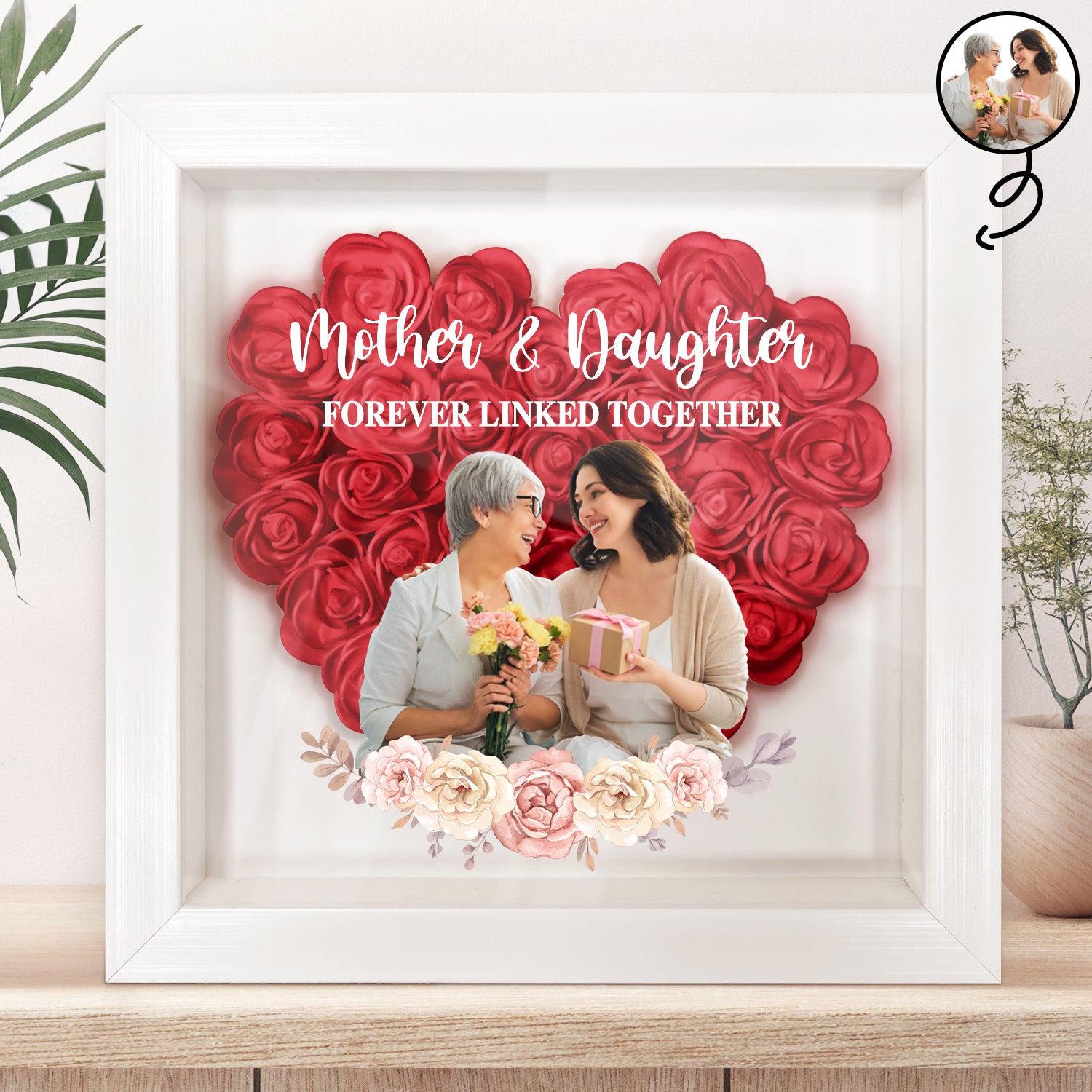 Custom Photo Mother And Daughter Forever Linked Together - Gift For Mom, Mommy - Personalized Flower Shadow Box