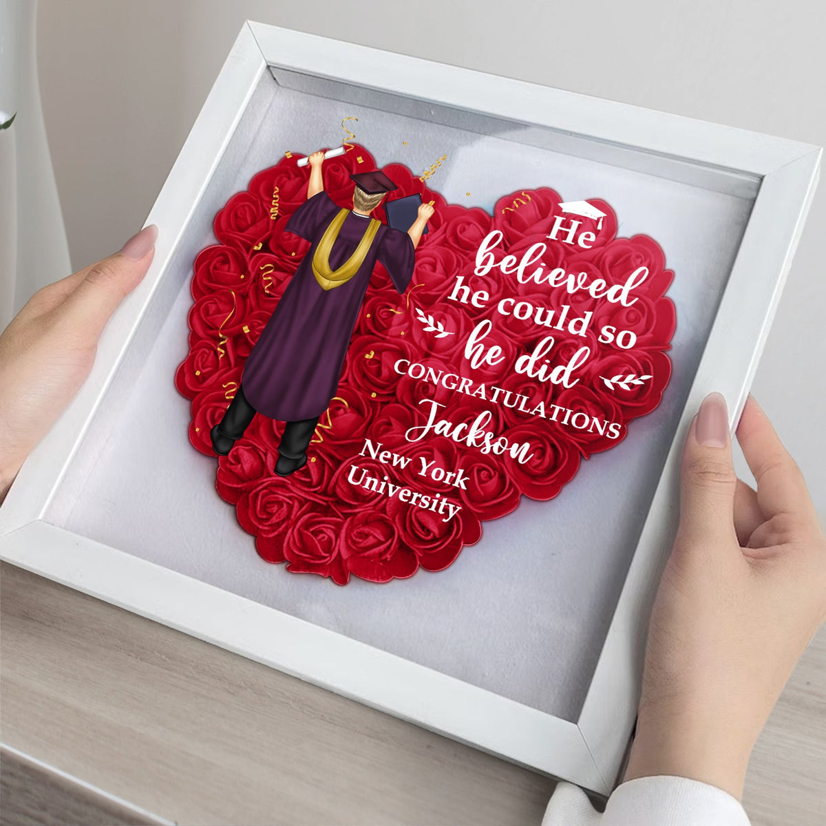 She Believed She Could - Graduation Gift, Gift For Friends - Personalized Flower Shadow Box