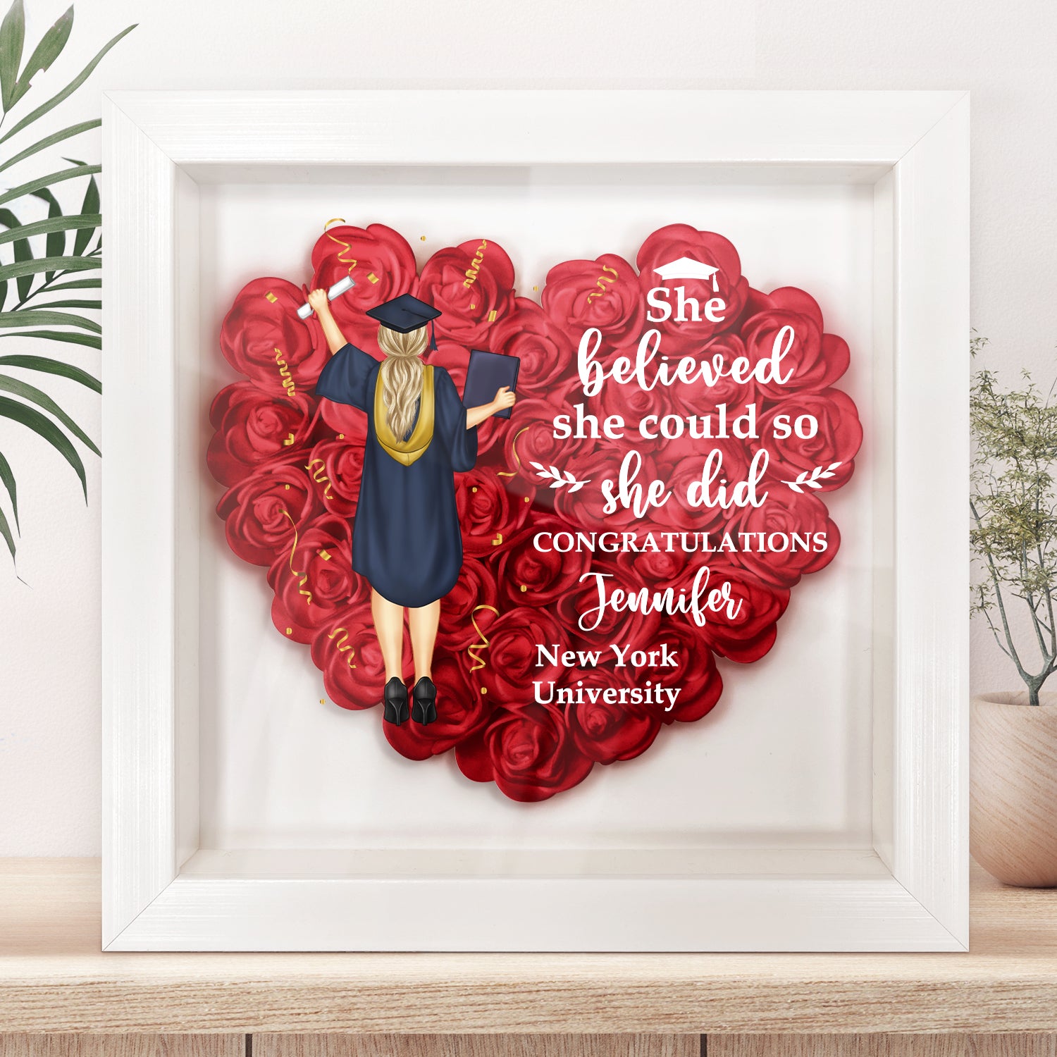 She Believed She Could - Graduation Gift, Gift For Friends - Personalized Flower Shadow Box