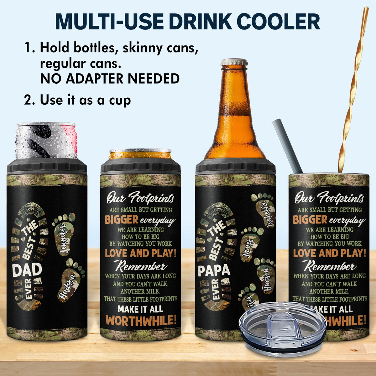 The Best Dad Grandpa Ever Footprints - Gift For Father, Grandfather - Personalized 4 In 1 Can Cooler Tumbler