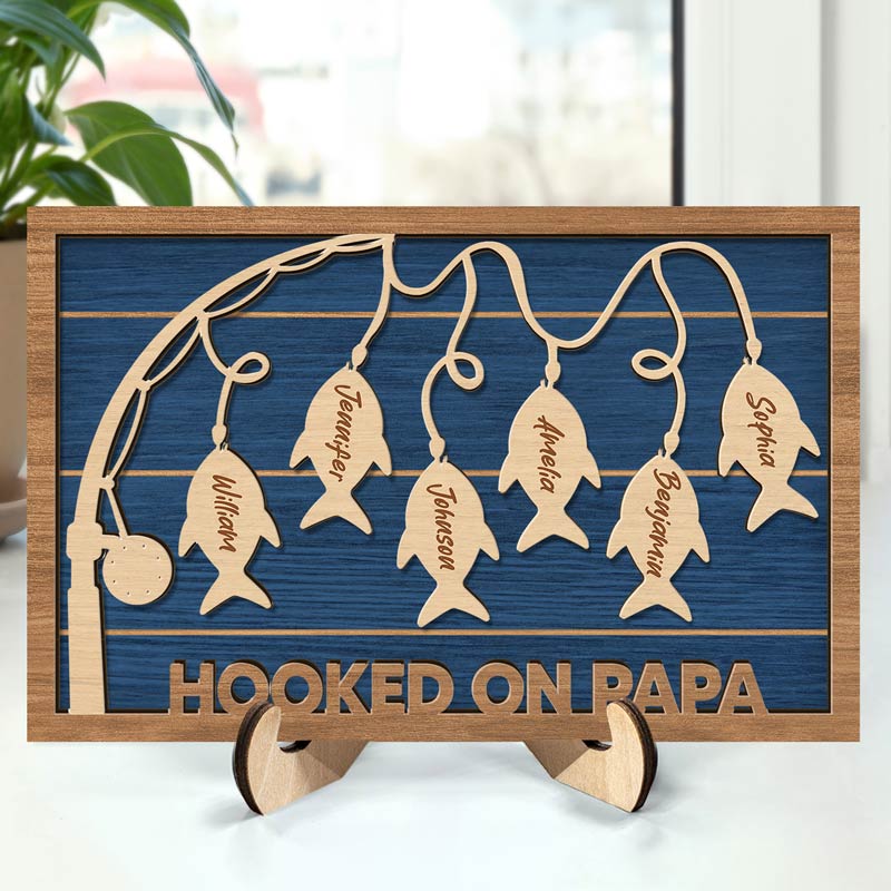 Hooked On Dad Grandpa - Gift For Father, Grandfather - Personalized 2-Layered Wooden Plaque With Stand
