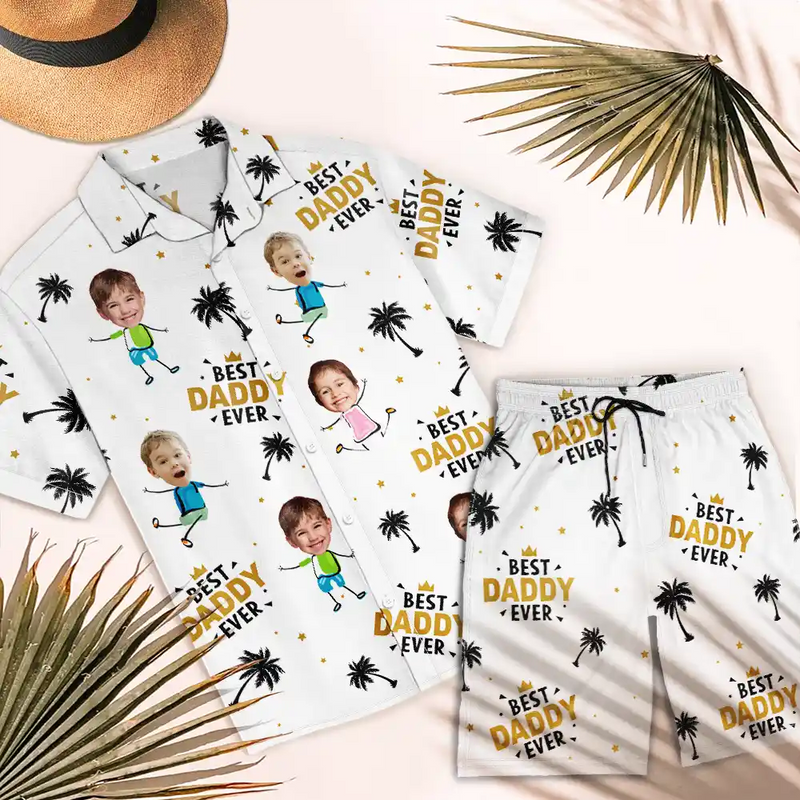 Custom Photo Best Dad Papa Ever Coconut Palm - Personalized Hawaii Set Shirt And Shorts