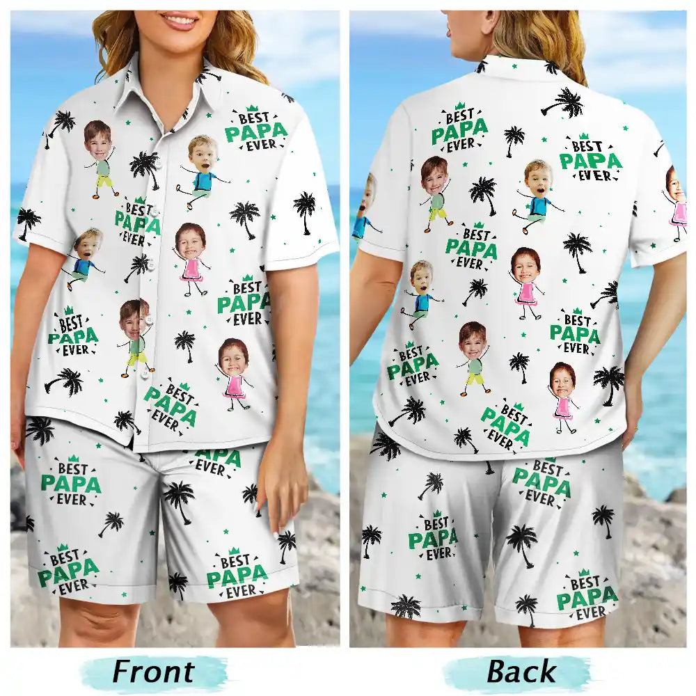 Custom Photo Best Dad Papa Ever Coconut Palm - Personalized Hawaii Set Shirt And Shorts