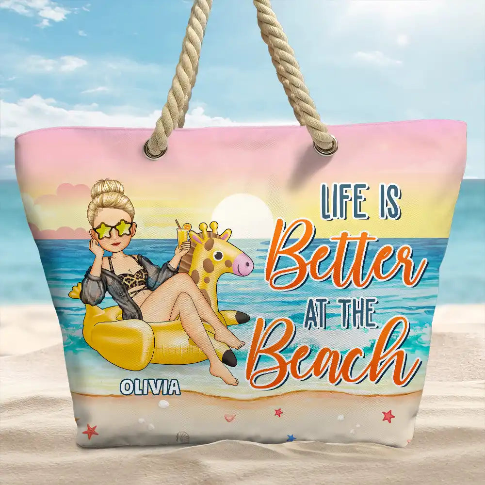 Soleil, sable et boisson à la main - Sac de plage personnalisé