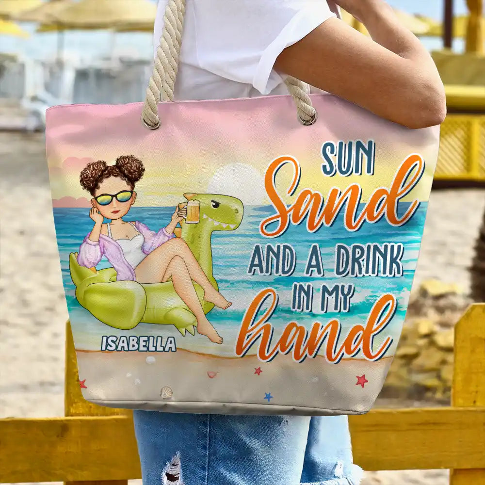 Soleil, sable et boisson à la main - Sac de plage personnalisé