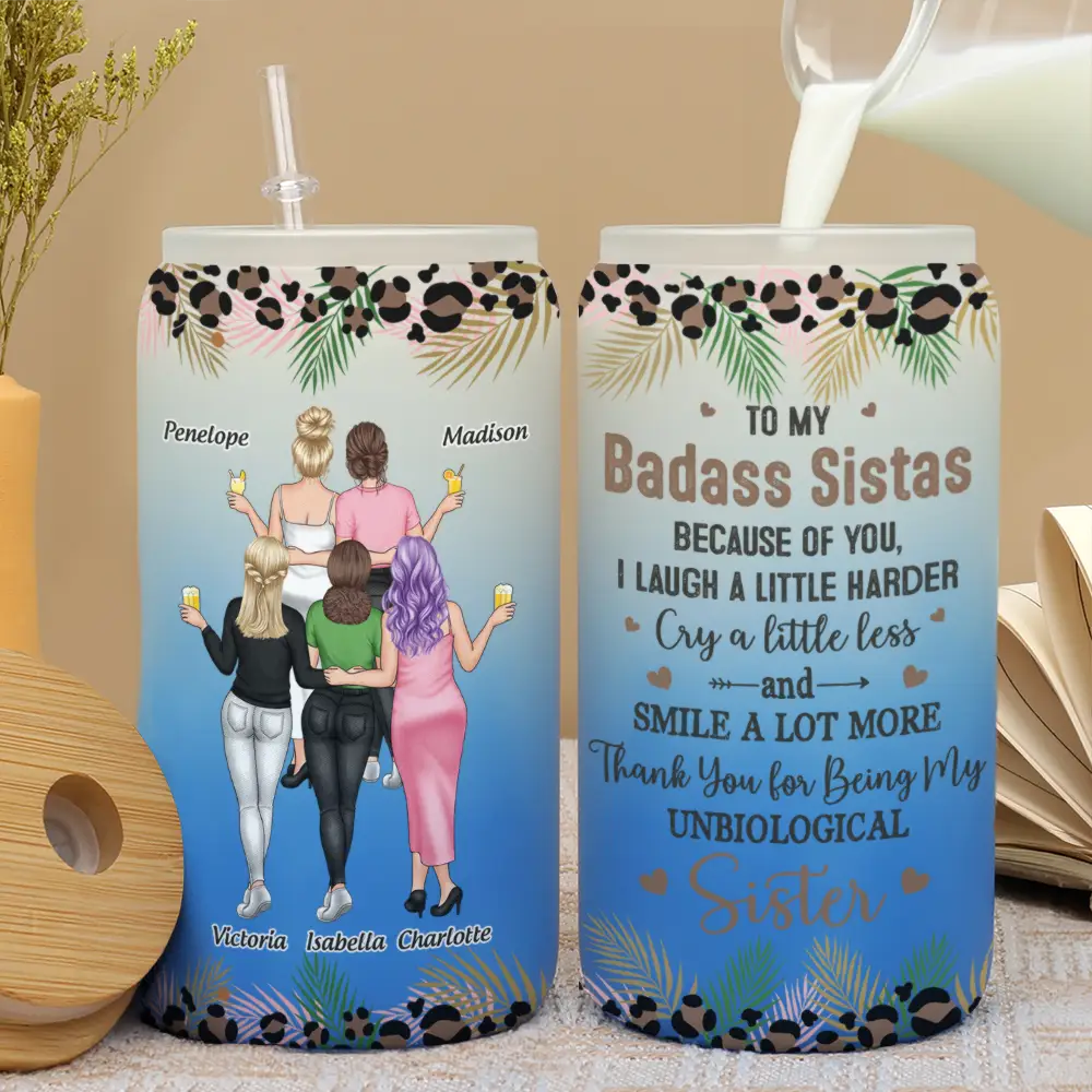 Because Of You I Laugh A Little Harder Friendship - Personalized Ombre Frosted Glass Can