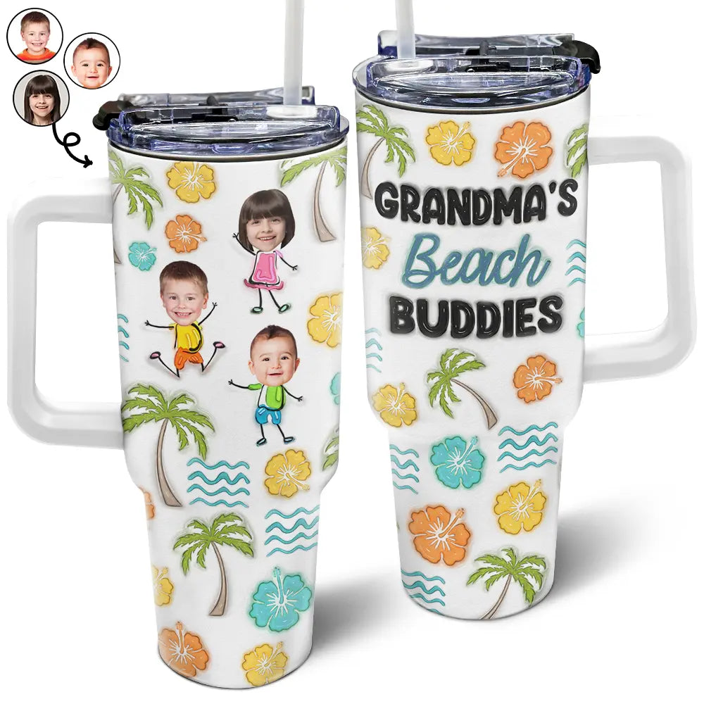 Custom Photo Grandma Beach Buddies - 3D Inflated Effect Printed Mug, Personalized 40oz Tumbler With Straw