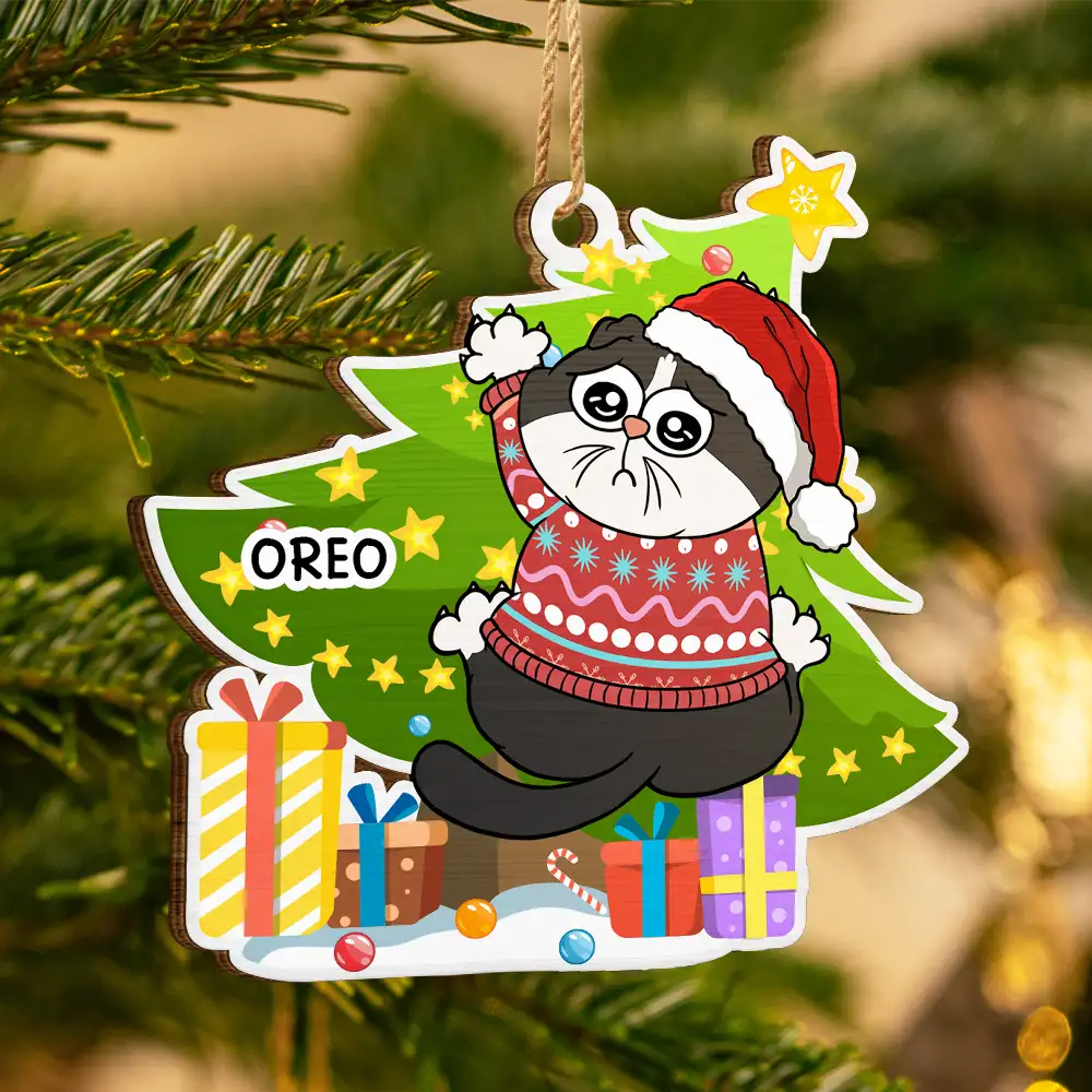 Chats amusants grattant le sapin de Noël - Décoration en bois personnalisée 