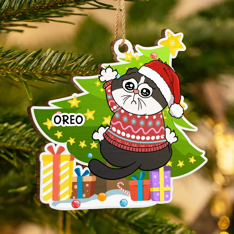 Chats amusants grattant le sapin de Noël - Décoration en bois personnalisée 