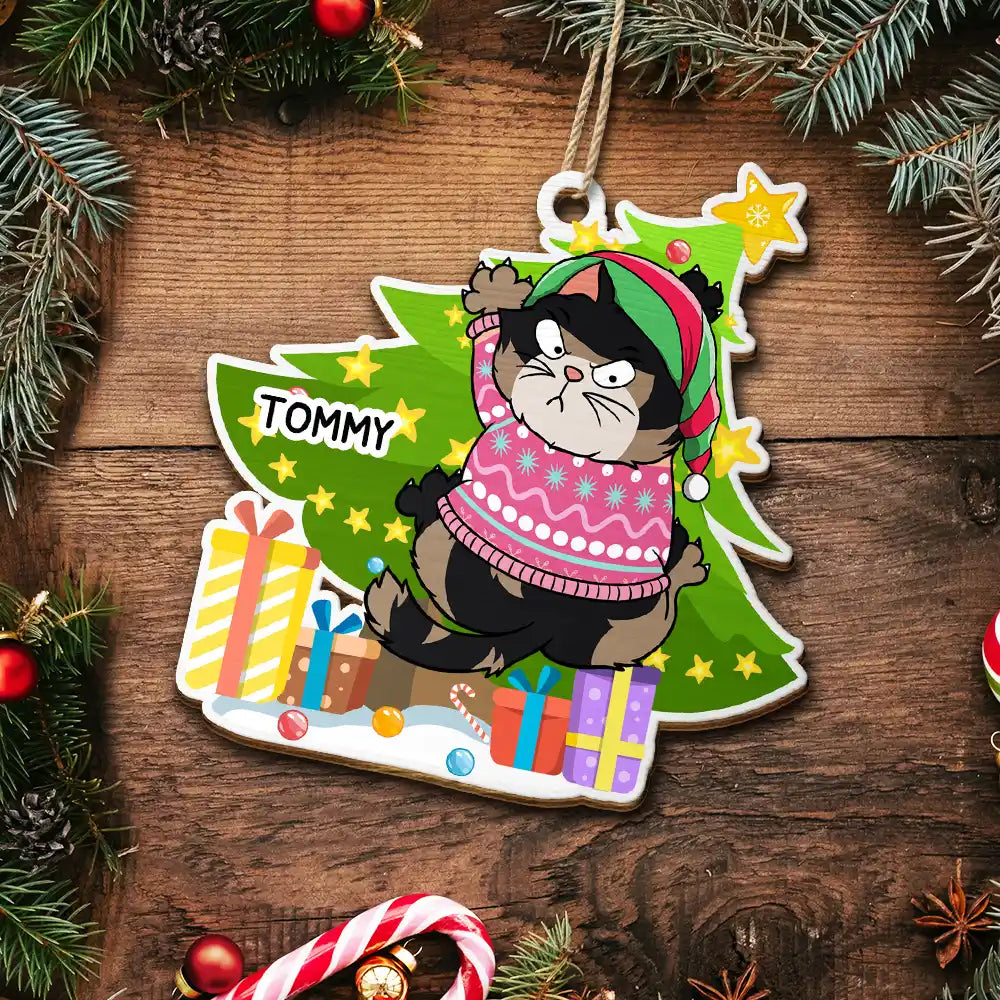 Chats amusants grattant le sapin de Noël - Décoration en bois personnalisée 