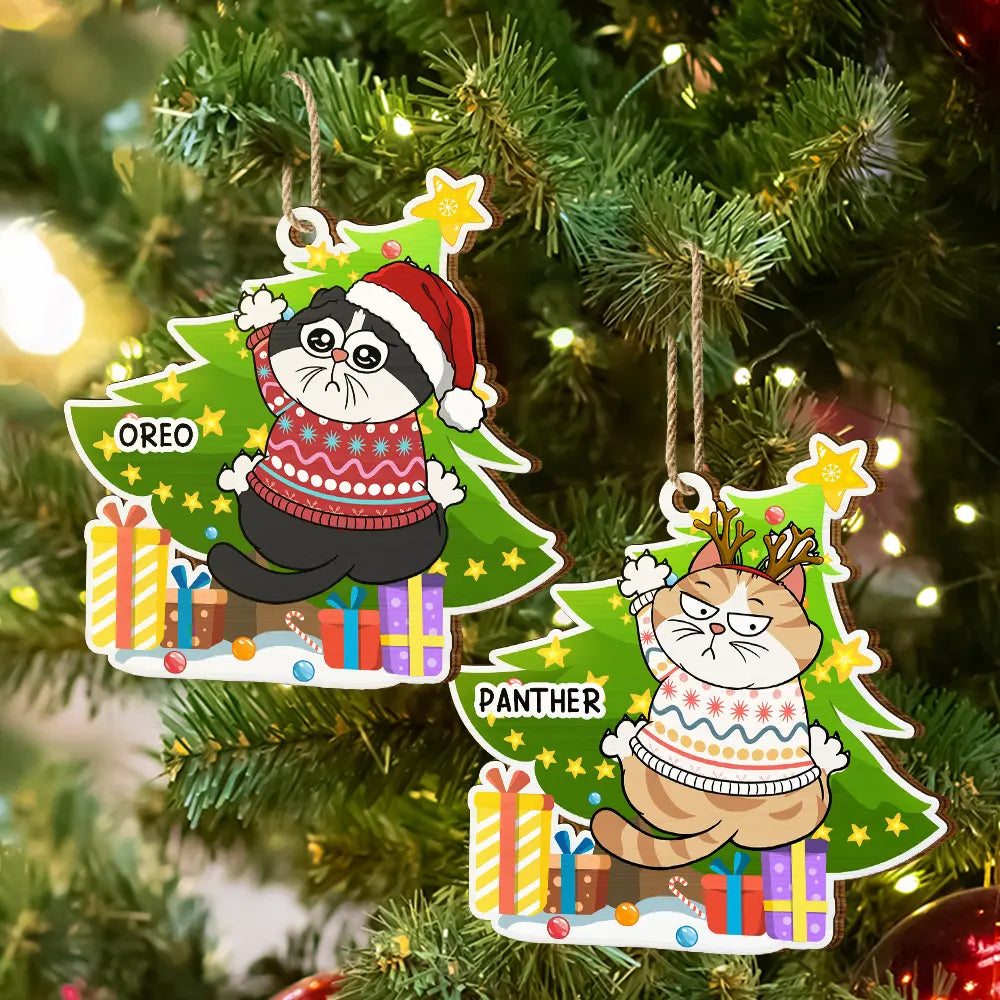 Funny Cats Scratching Christmas Tree - Personalized Custom Shaped Wooden Ornament