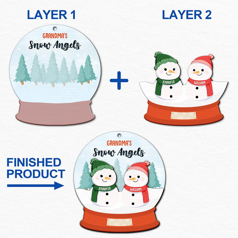Grandma's Grandpa's Mom's Dad's Little Snowmen Snow Angels - Personalized 2-Layered Wooden Ornament