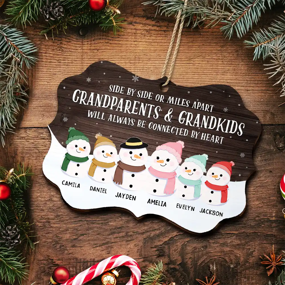 Grandparents & Grandkids Will Always Be Connected By Heart - Personalized Medallion Wooden Ornament