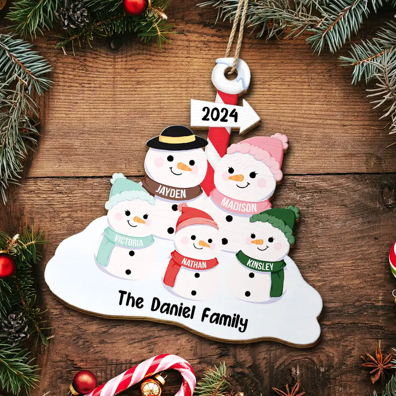 Famille de bonhommes de neige - Décoration en bois découpée personnalisée 