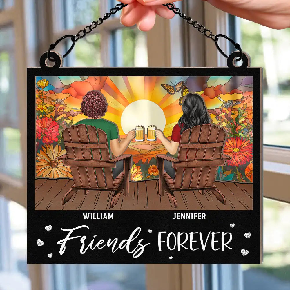 Sunset Besties Sisters Sitting Together - Personalized Window Hanging Suncatcher Ornament