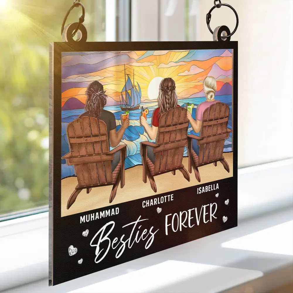 Sunset Besties Sisters Sitting Together - Personalized Window Hanging Suncatcher Ornament
