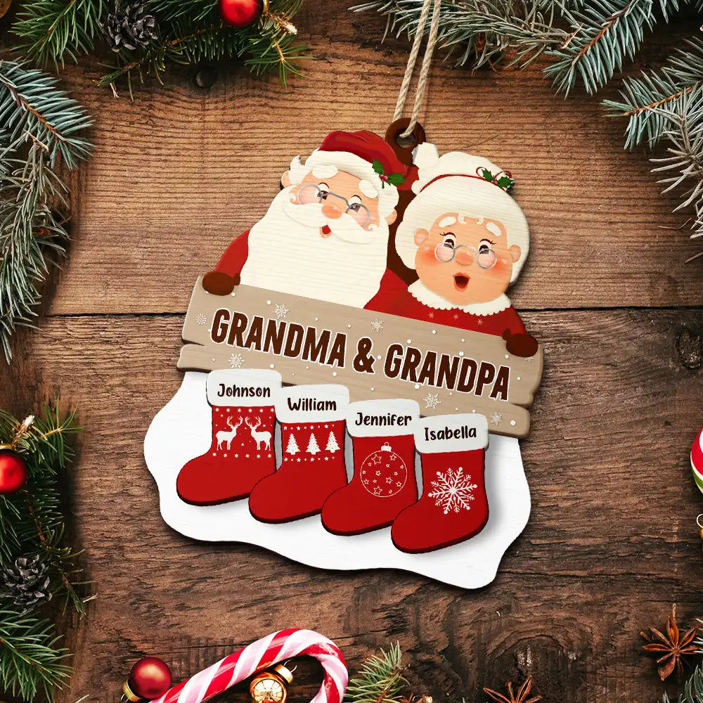 Père Noël, Mère Noël et petits-enfants - Décoration en bois personnalisée à 2 couches 