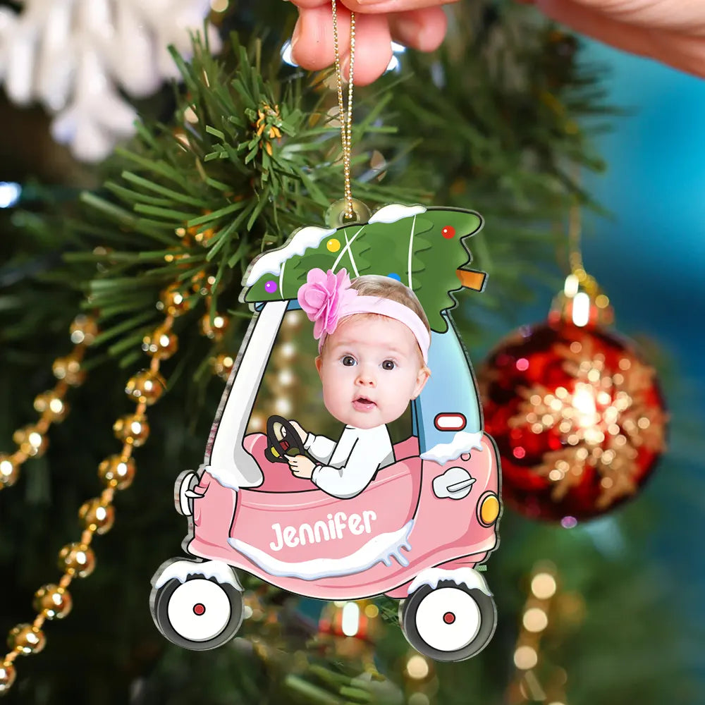 Custom Photo Christmas Baby Kid In Car - Personalized Custom Shaped Acrylic Ornament