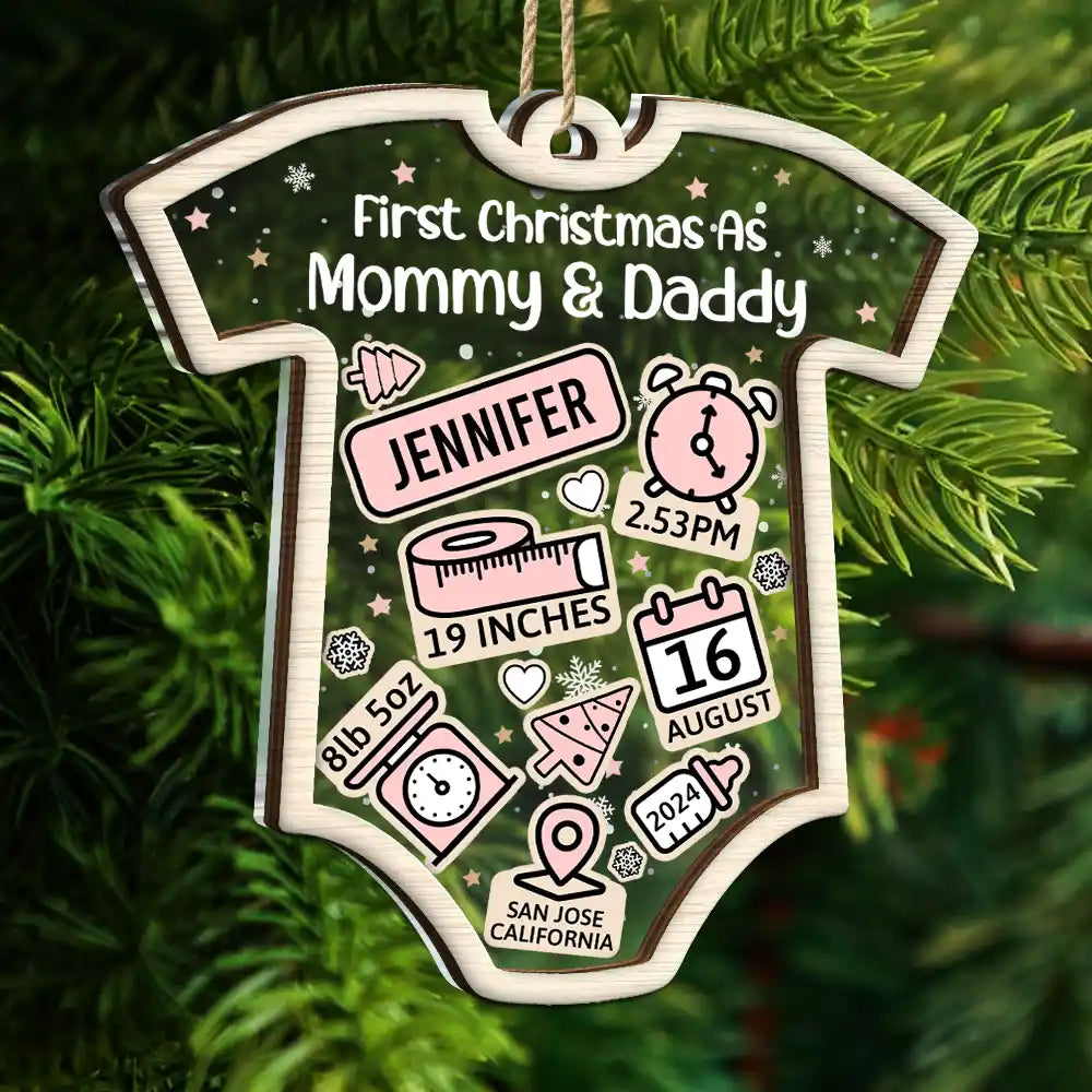 Décoration de Noël personnalisée à 2 couches pour bébé, nouveau papa et nouvelle maman 