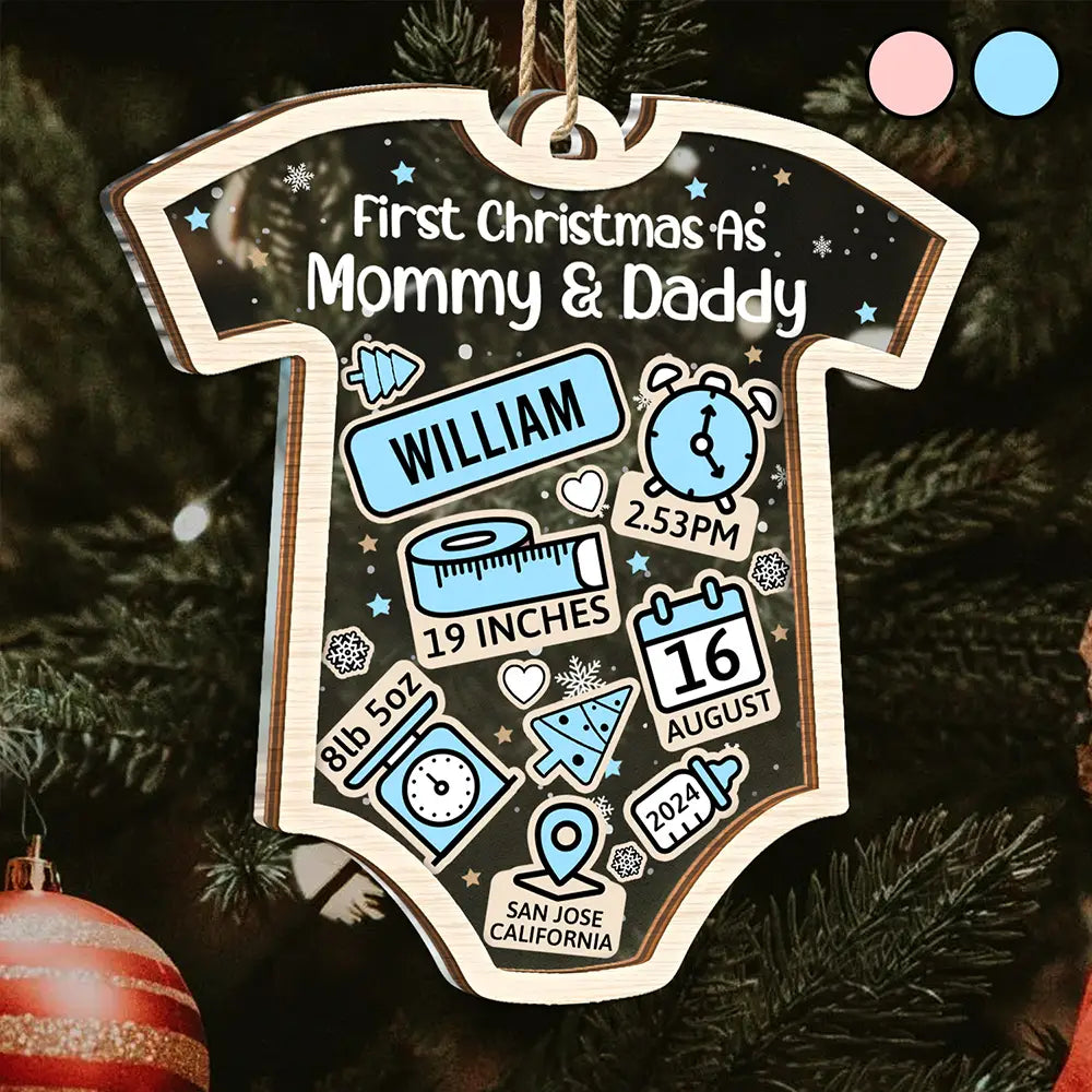 Décoration de Noël personnalisée à 2 couches pour bébé, nouveau papa et nouvelle maman 