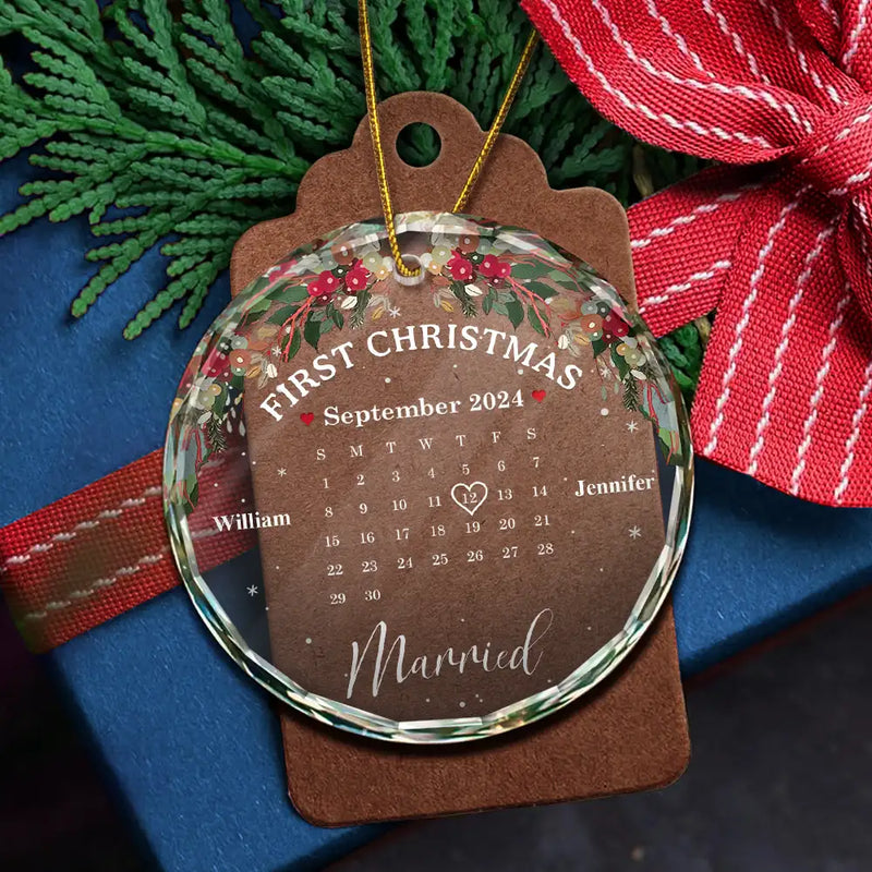 Gift For Couples - Christmas Calendar First Christmas Couple - Personalized Circle Glass Ornament