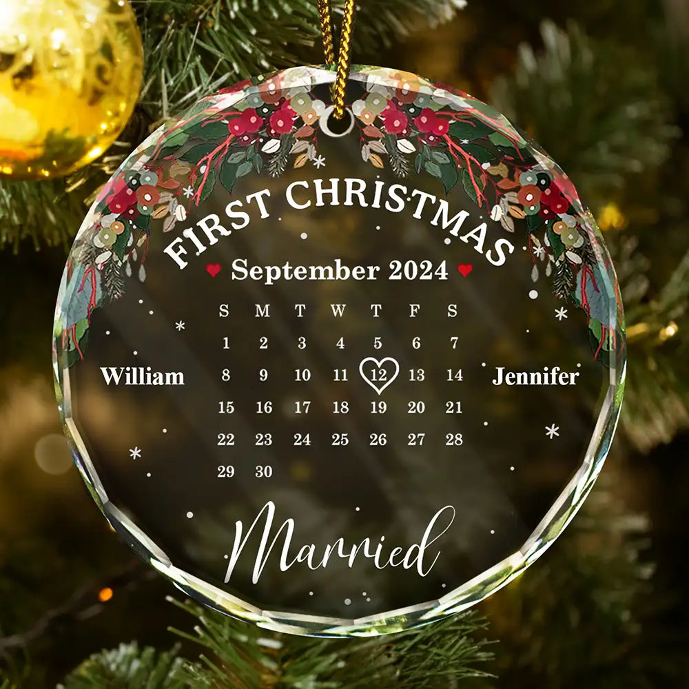 Gift For Couples - Christmas Calendar First Christmas Couple - Personalized Circle Glass Ornament