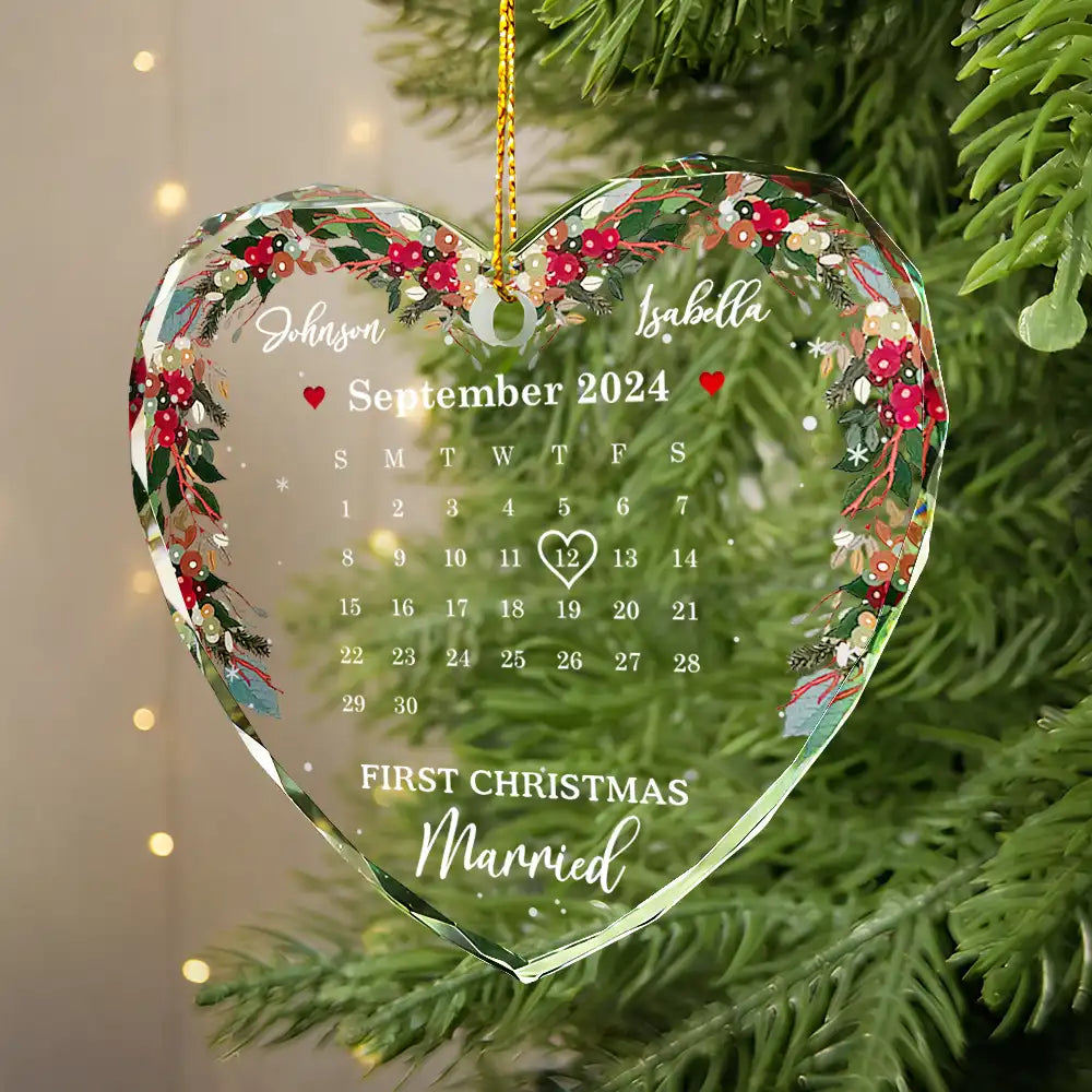 Christmas,Gift For Couples,Happy,Gift For Husband,Gift For Wife,Gift For Boyfriend - Christmas Calendar First Christmas Couple - Personalized Heart Shaped Glass Ornament