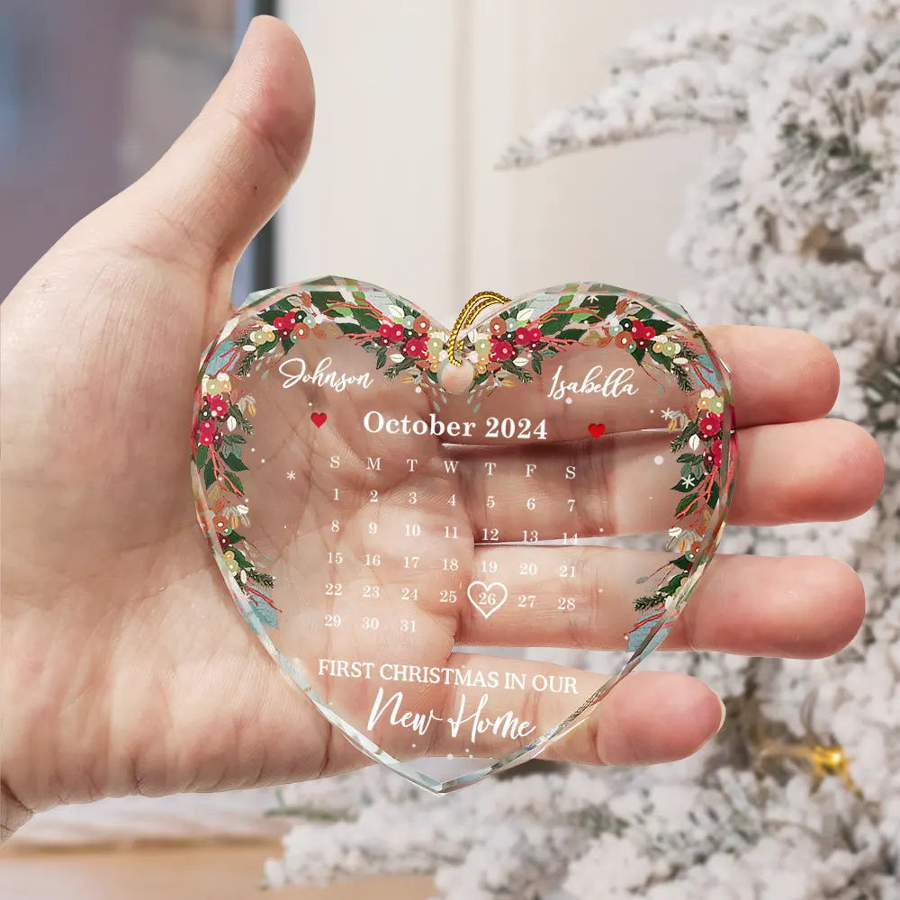 Christmas,Gift For Couples,Happy,Gift For Husband,Gift For Wife,Gift For Boyfriend - Christmas Calendar First Christmas Couple - Personalized Heart Shaped Glass Ornament