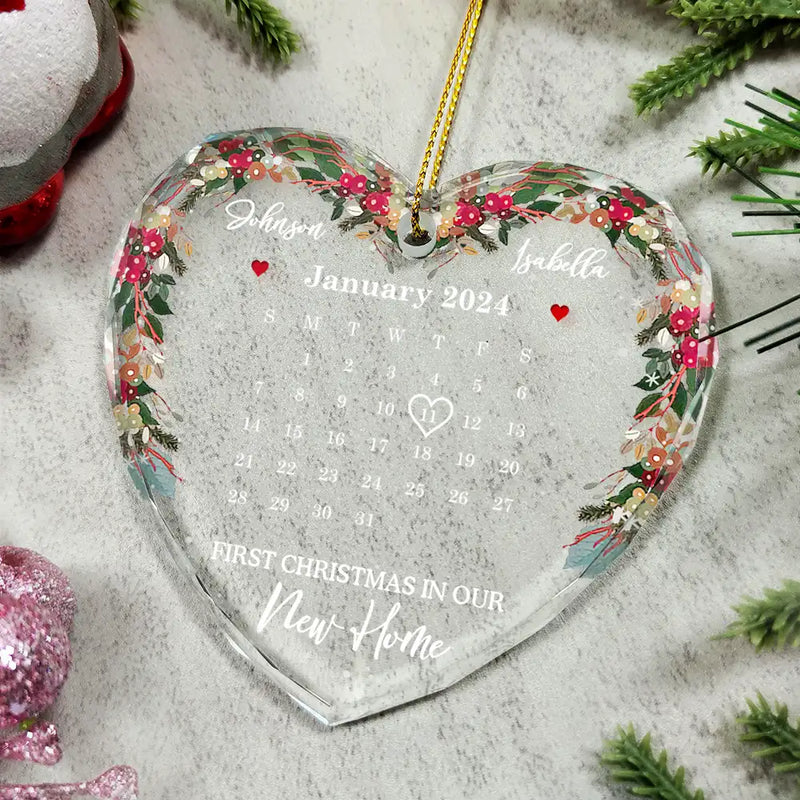 Christmas,Gift For Couples,Happy,Gift For Husband,Gift For Wife,Gift For Boyfriend - Christmas Calendar First Christmas Couple - Personalized Heart Shaped Glass Ornament