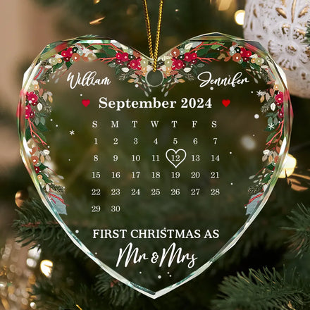 Christmas Calendar First Christmas Couple - Personalized Heart Shaped Glass Ornament
