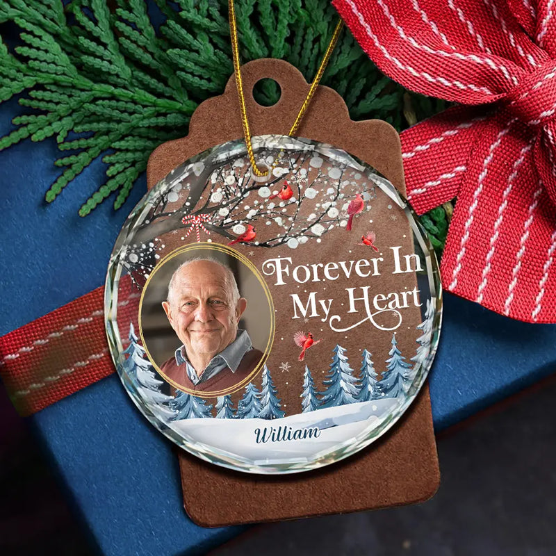 Memorial - Custom Photo Forever In My Heart Cardinal - Personalized Circle Glass Ornament