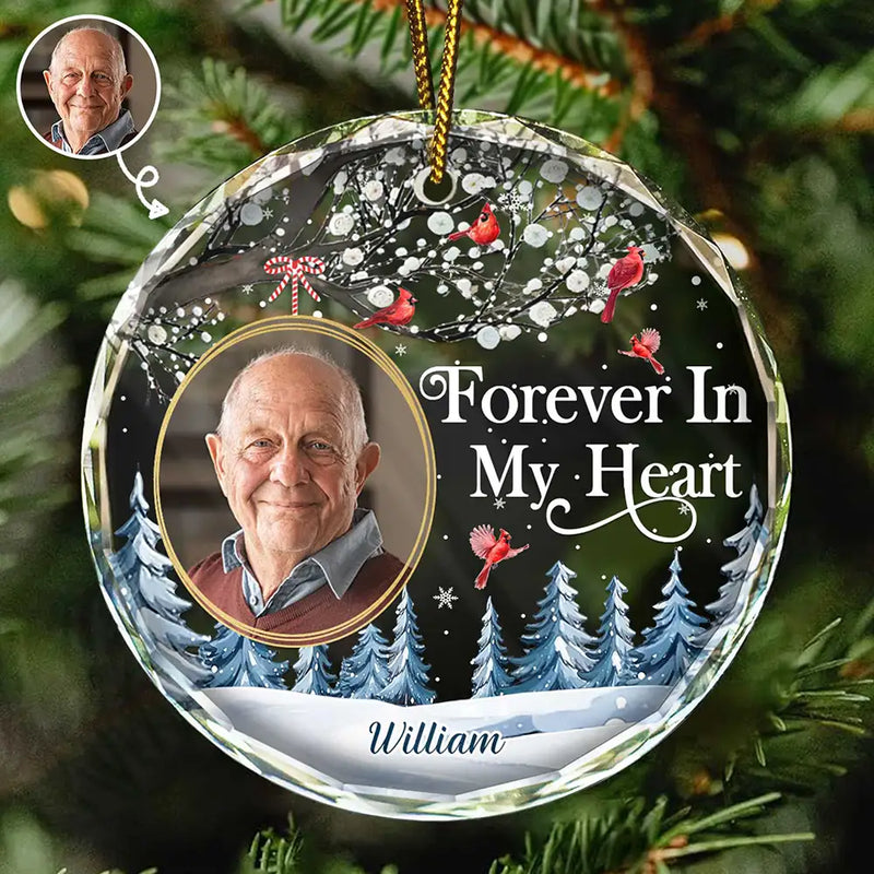 Memorial - Custom Photo Forever In My Heart Cardinal - Personalized Circle Glass Ornament