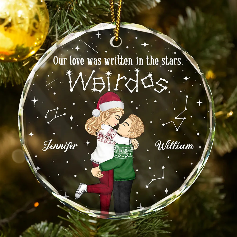 Christmas Couple Written In The Star - Personalized Circle Glass Ornament