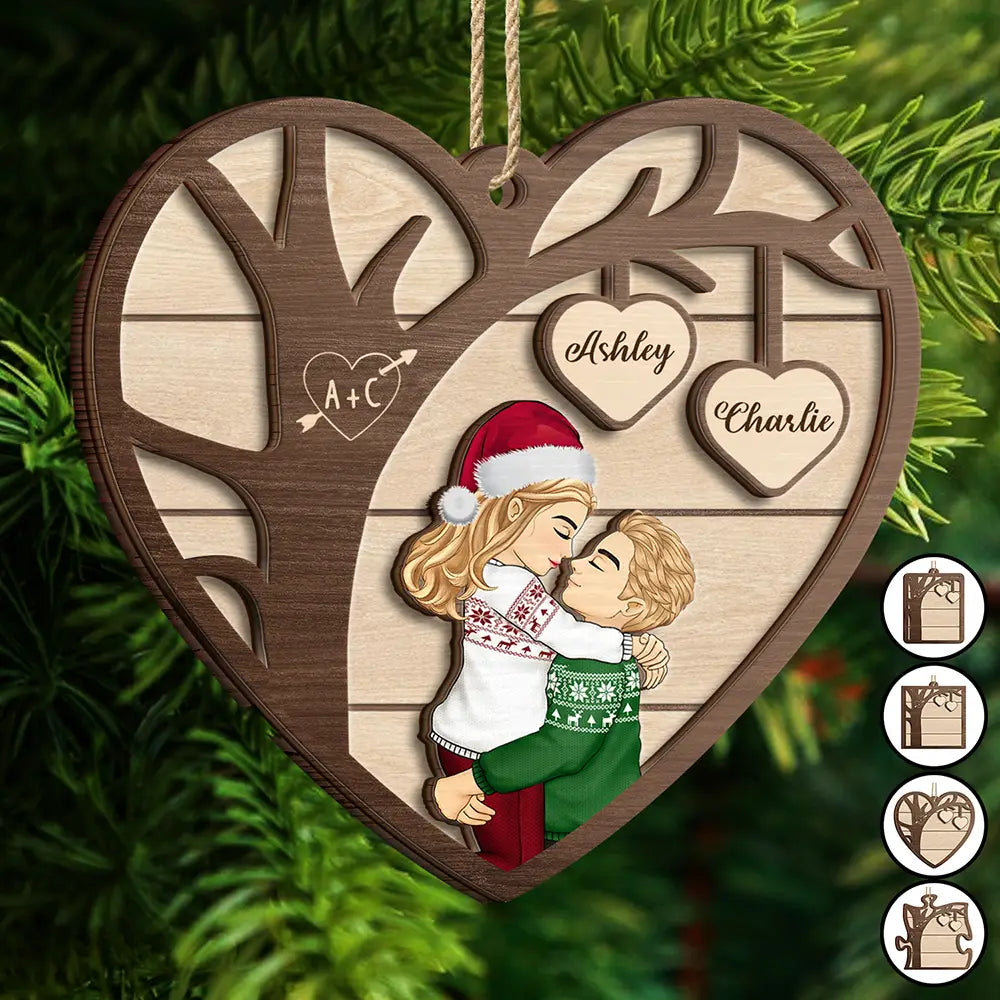 Christmas Couple Kissing Under The Tree - Personalized 2-Layered Wooden Ornament