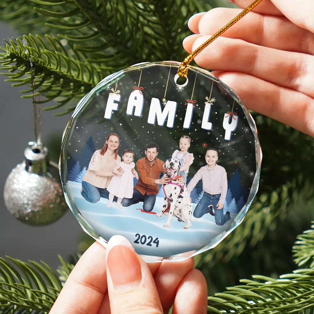 Christmas,Custom Photo,Family,Gift For Bestie,Gift For Sisters,Gift For Brothers,Gift For Sibling,Happy - Custom Photo Family Friends Besties Sisters Sitting Together - Personalized Circle Glass Ornament