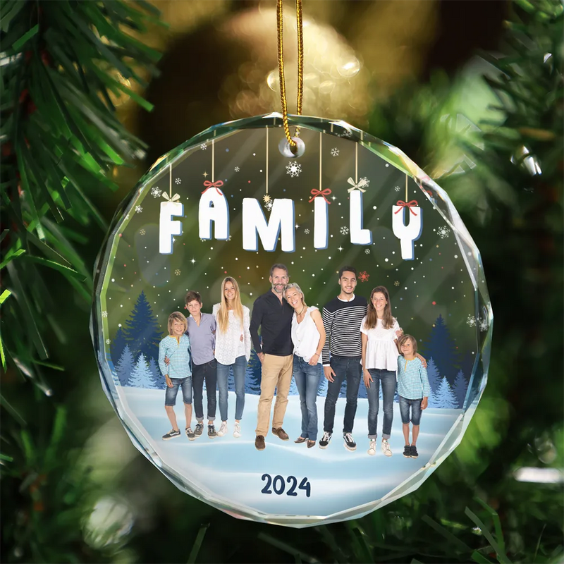 Christmas,Custom Photo,Family,Gift For Bestie,Gift For Sisters,Gift For Brothers,Gift For Sibling,Happy - Custom Photo Family Friends Besties Sisters Sitting Together - Personalized Circle Glass Ornament