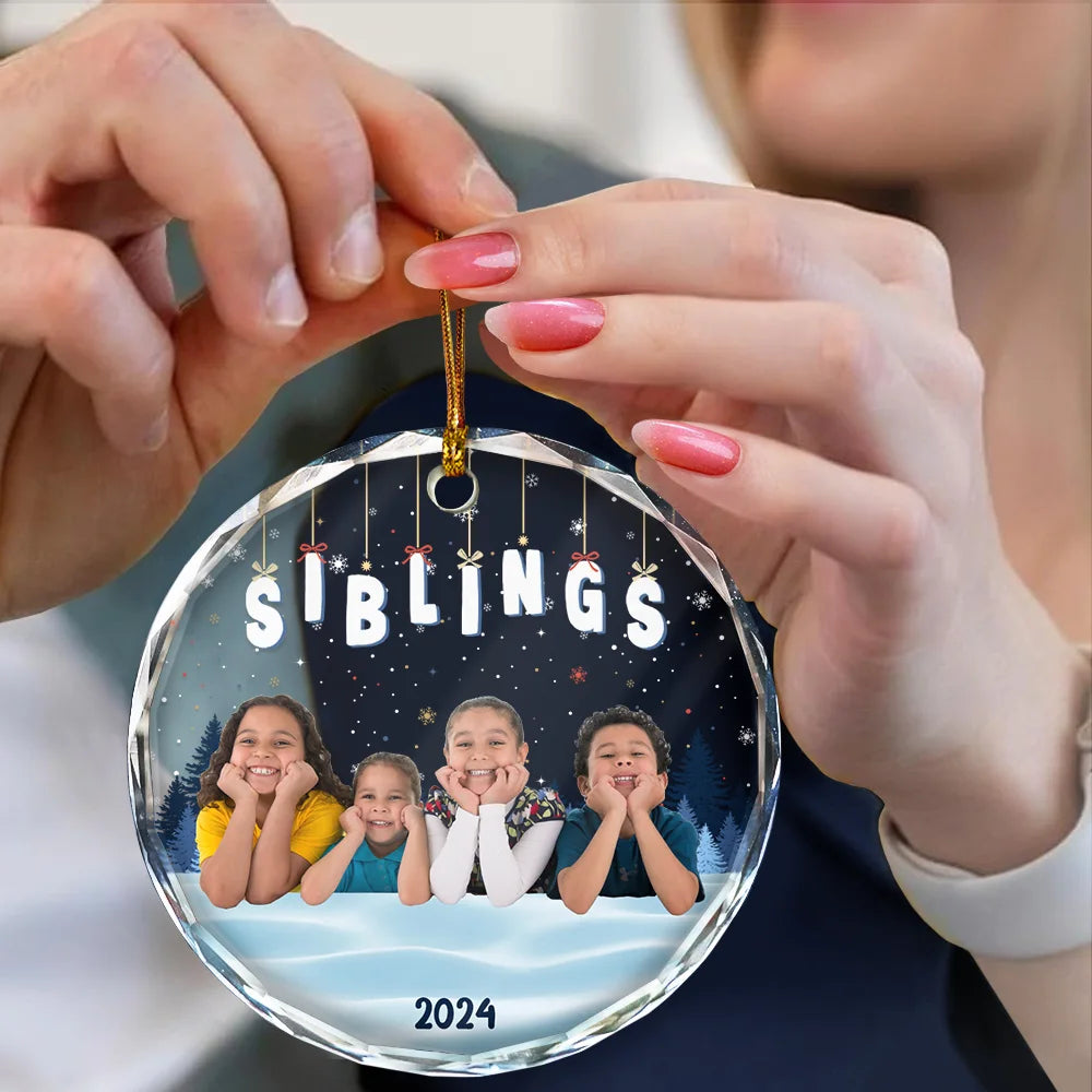 Christmas,Custom Photo,Family,Gift For Bestie,Gift For Sisters,Gift For Brothers,Gift For Sibling,Happy - Custom Photo Family Friends Besties Sisters Sitting Together - Personalized Circle Glass Ornament