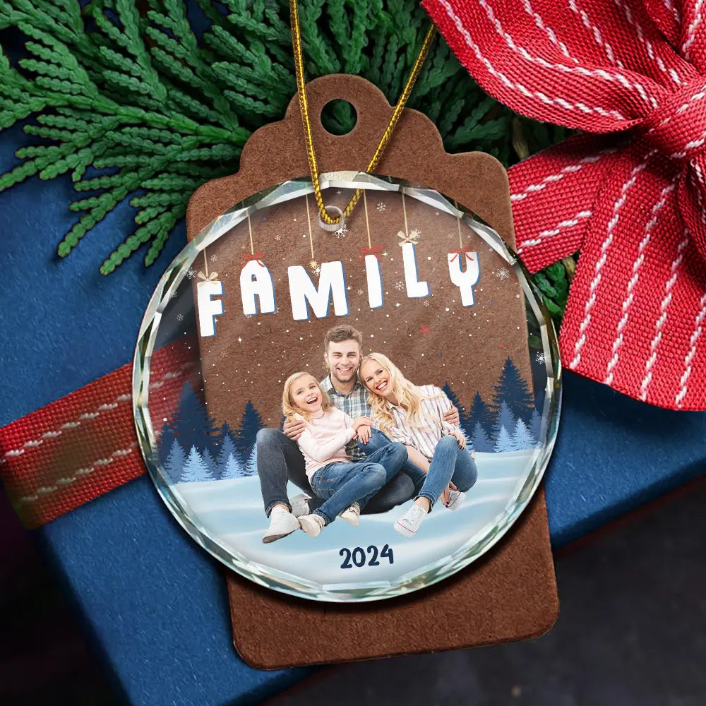 Christmas,Custom Photo,Family,Gift For Bestie,Gift For Sisters,Gift For Brothers,Gift For Sibling,Happy - Custom Photo Family Friends Besties Sisters Sitting Together - Personalized Circle Glass Ornament