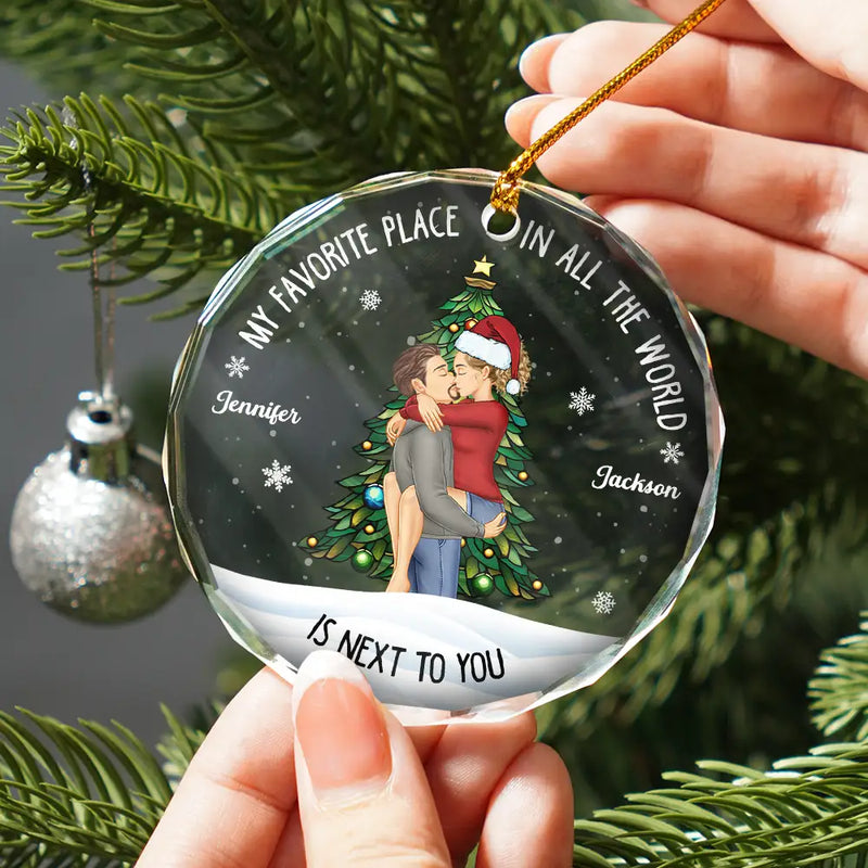 Couple Sideview My Favorite Place In The World - Personalized Glass Ornament