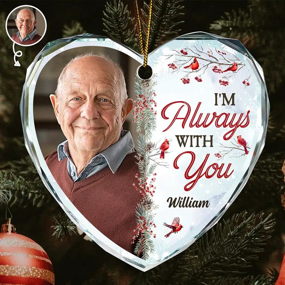 Memorial - Custom Photo I'm Always With You - Personalized Heart Shaped Glass Ornament
