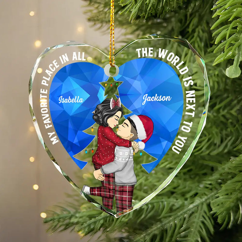 Gift For Couples, Gift For Husband, Gift For Wife, Gift For Boyfriend, Gift For Girlfriend - Christmas Couple Sideview My Favorite Place In All The World - Personalized Glass Ornament