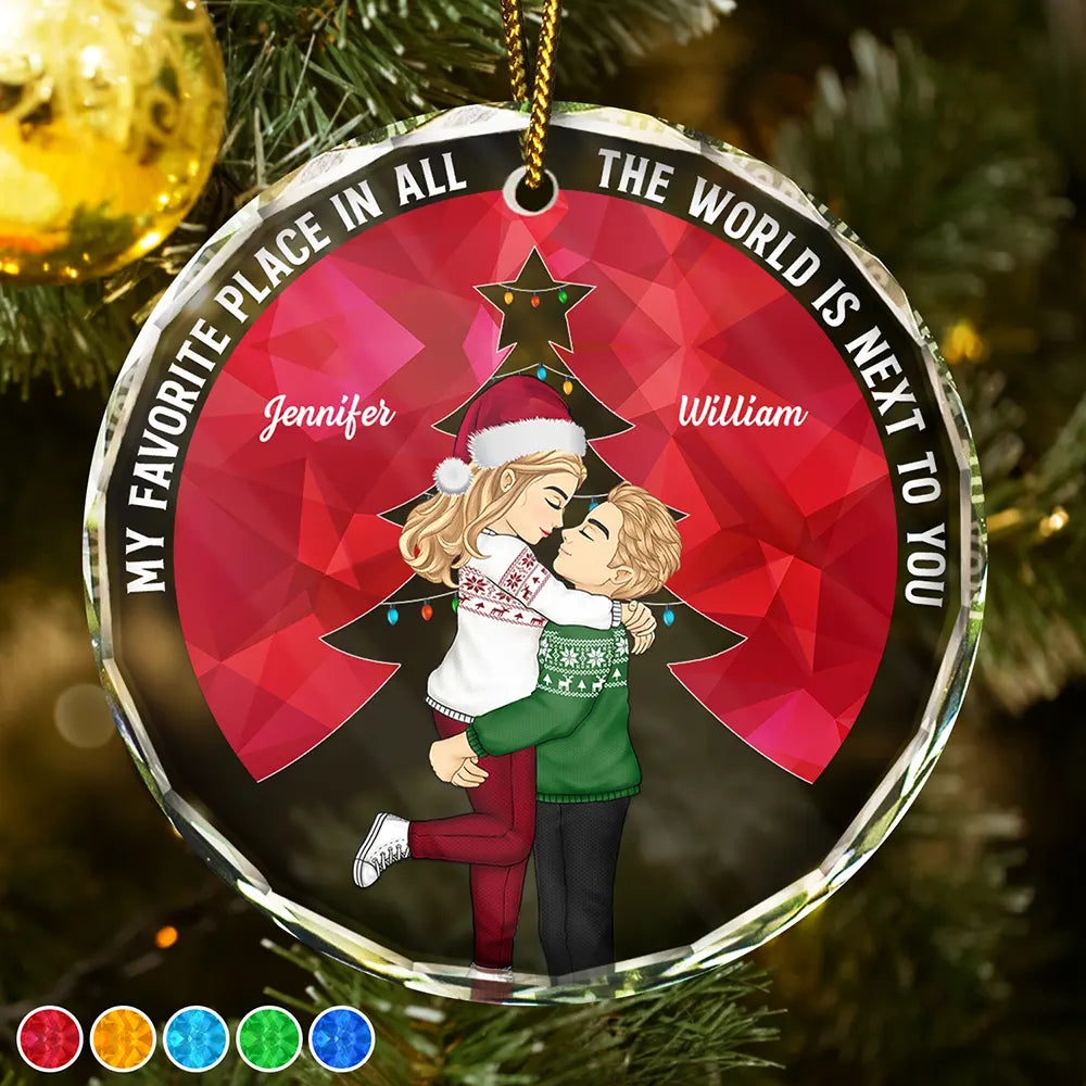 Christmas Couple Sideview My Favorite Place In All The World - Personalized Glass Ornament