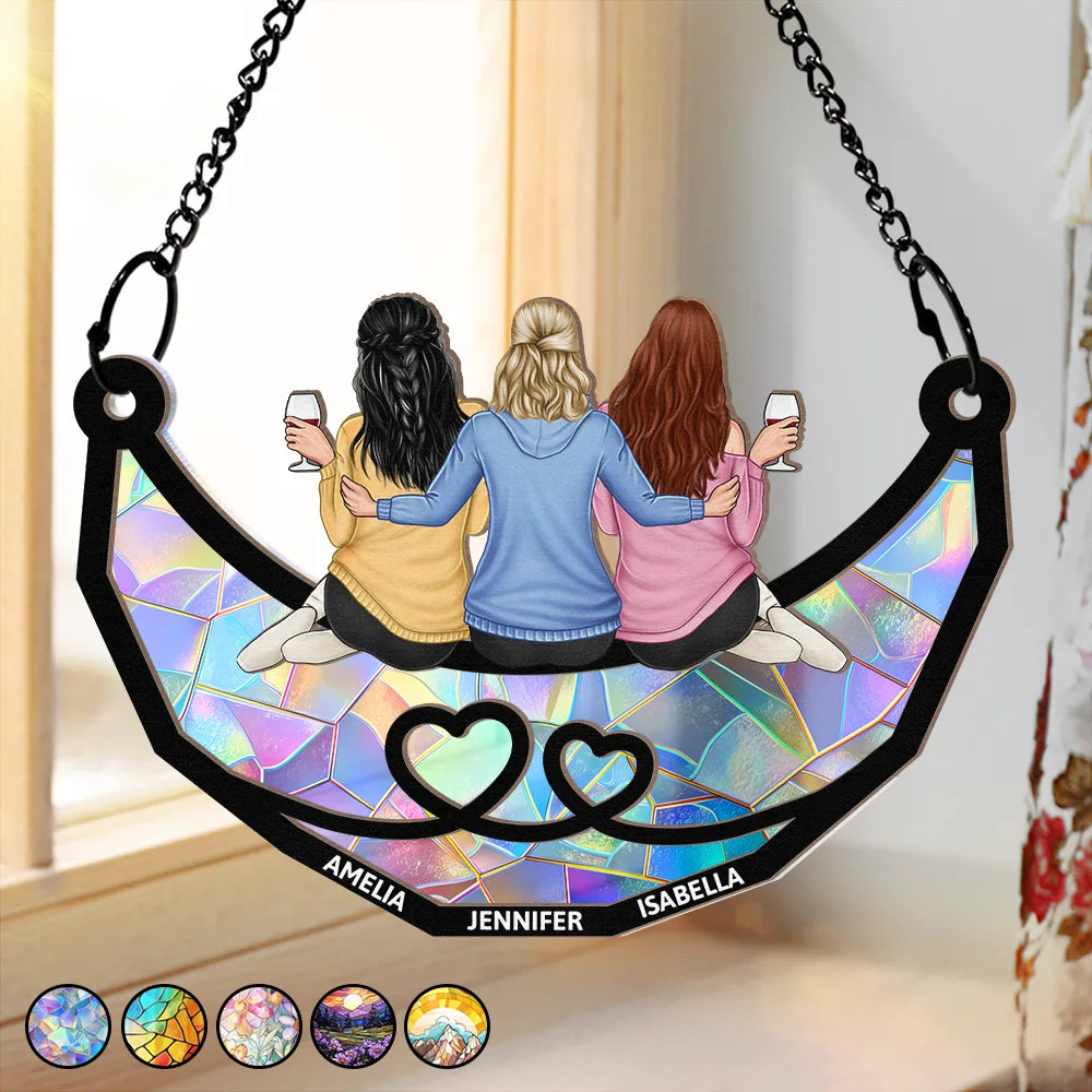 Gift For Bestie, Gift For Sisters, Gift For Brothers - Friends Besties Sisters Brothers Sitting Together - Personalized Window Hanging Suncatcher Ornament