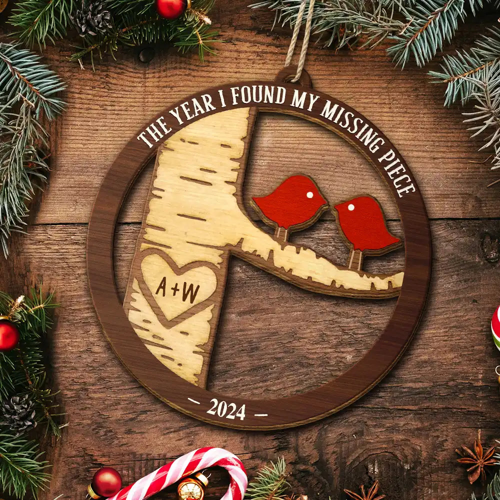 Christmas,Gift For Couples,Gift For Husband,Gift For Wife,Gift For Boyfriend,Gift For Girlfriend,Happy - Lovebirds Couple The Year I Found My Missing Piece - Personalized Custom Shaped Wooden Ornament