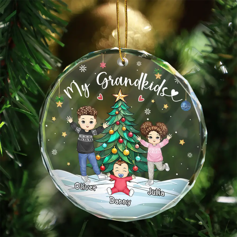 Christmas,Gift For Grandma,Gift For Grandpa,Gift For Grandparents - My Grandkids Grandma Grandpa - Personalized Circle Glass Ornament